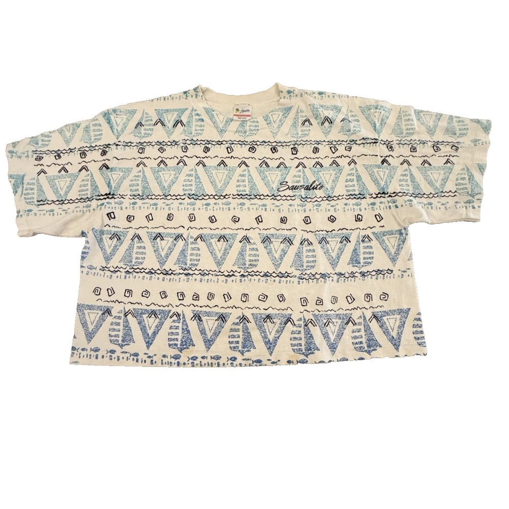 VTG 90s AOP Single Stitch Surf T Shirt Made USA Geometric Tribal Beach One Size